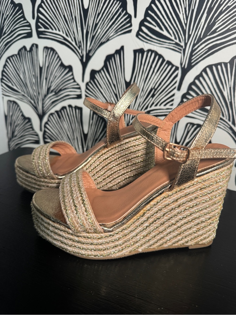 ShuShop Metallic Gold Braided Platform Wedge Sandals